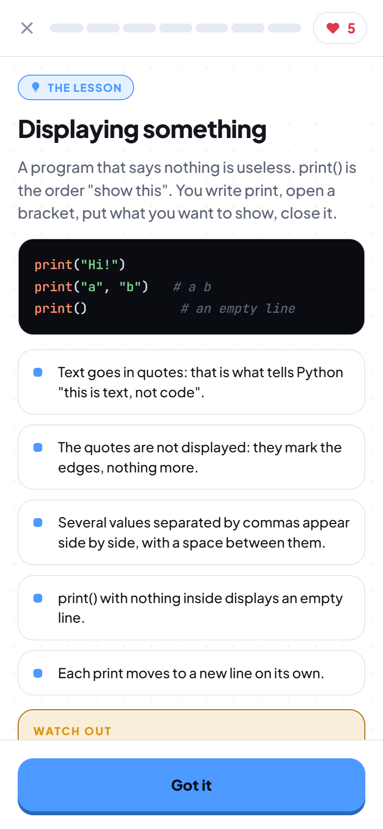 A lesson explaining the print function