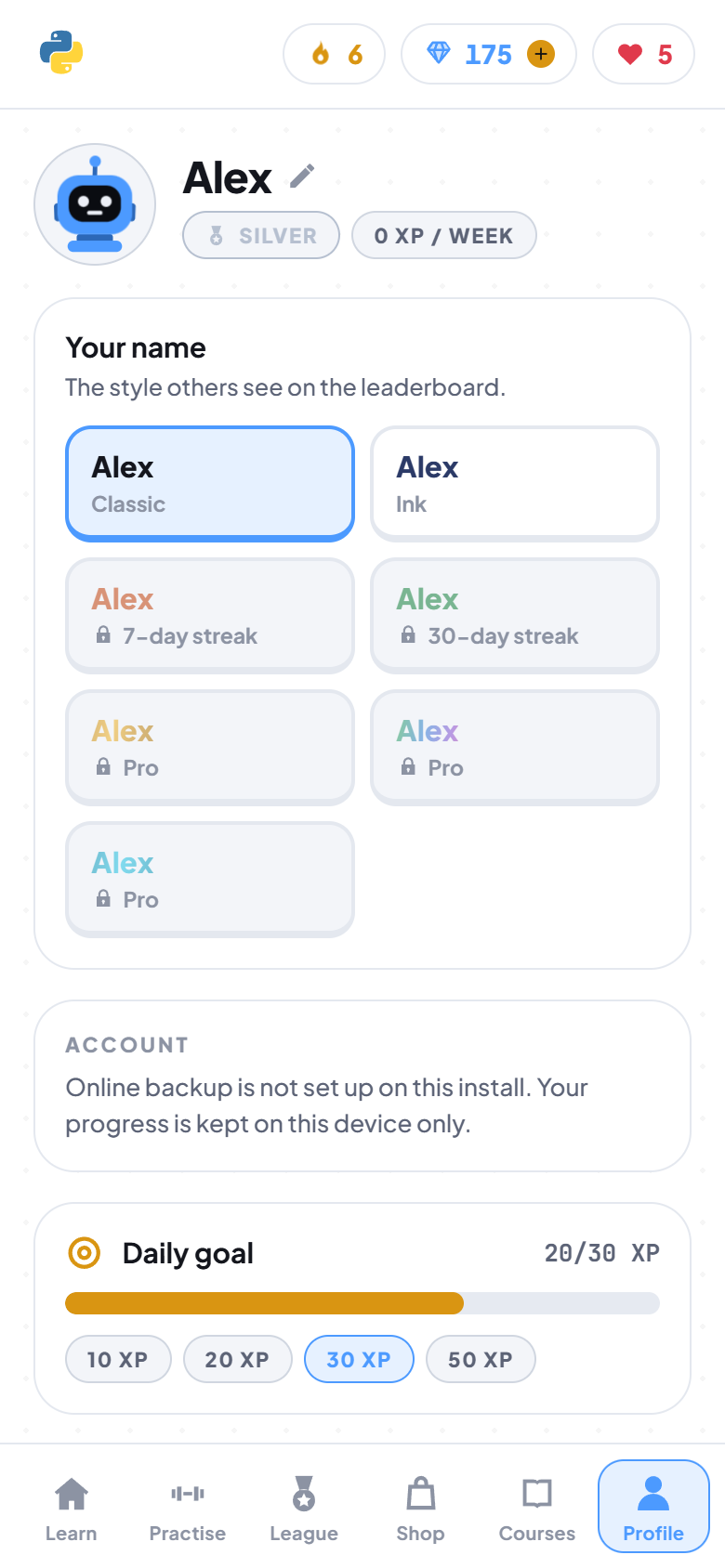 The profile, with the name style picker