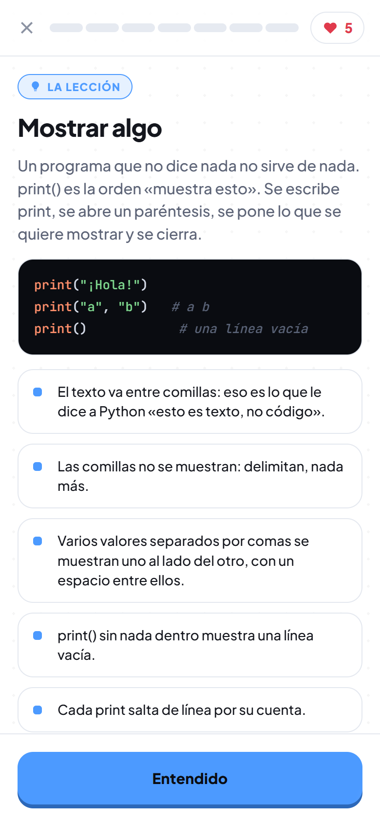 Una lección que explica la función print