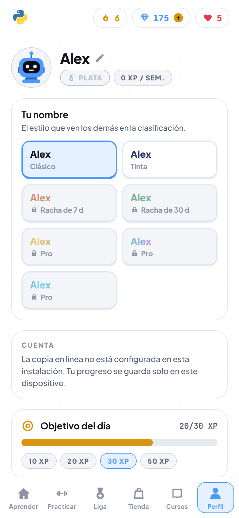El perfil, con el selector de estilo del nombre