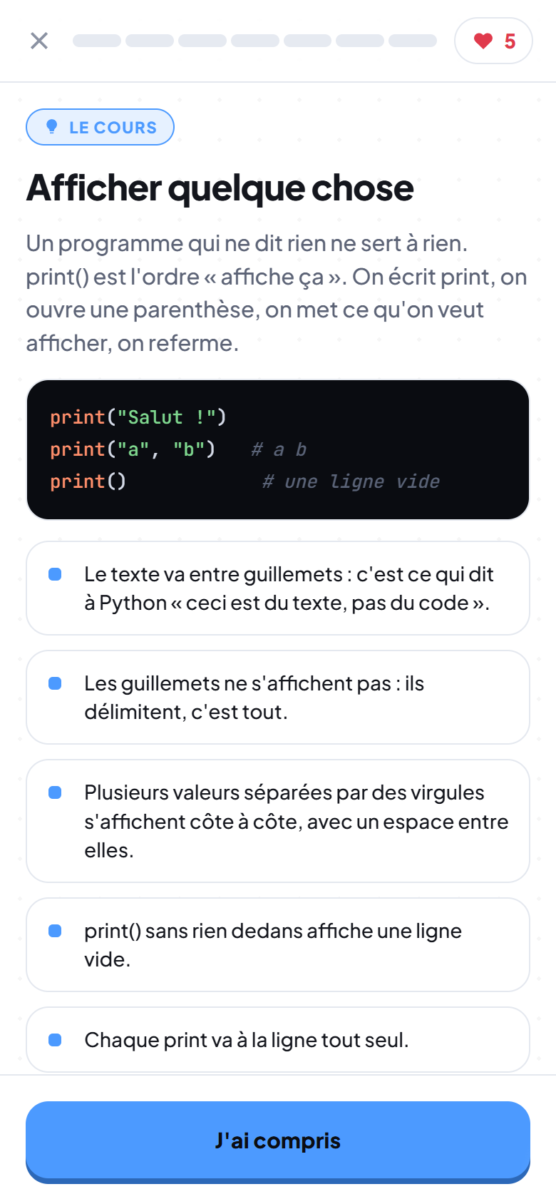 Une leçon qui explique la fonction print