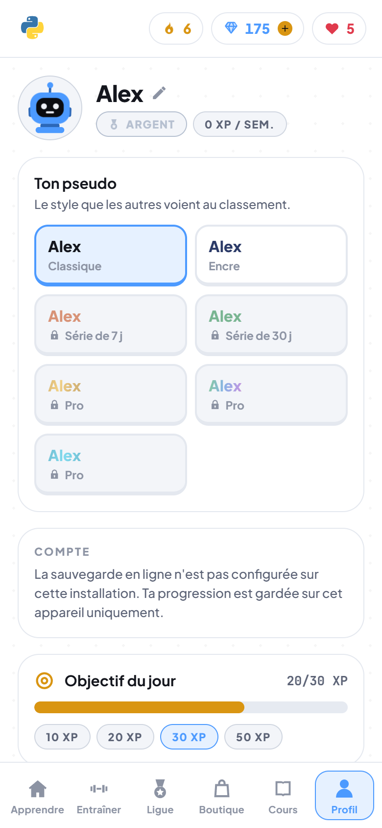 Le profil, avec le choix du style de pseudo